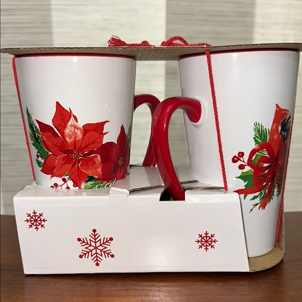 Signature Housewares Festive Red and White Poinsettia and Cardinal Mug Set of 2